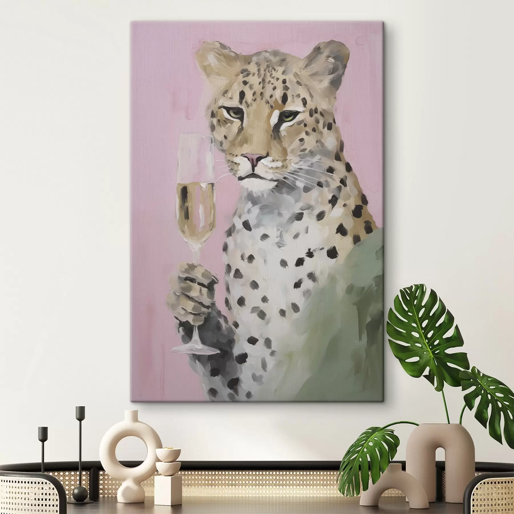 Obraz Maľba znázorňujúca leoparda s pohárom v labách s49511