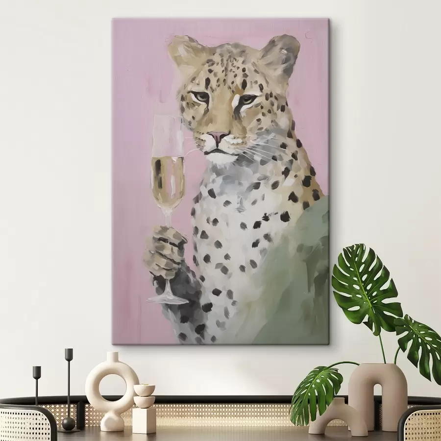 Obraz Maľba znázorňujúca leoparda s pohárom v labách s49511