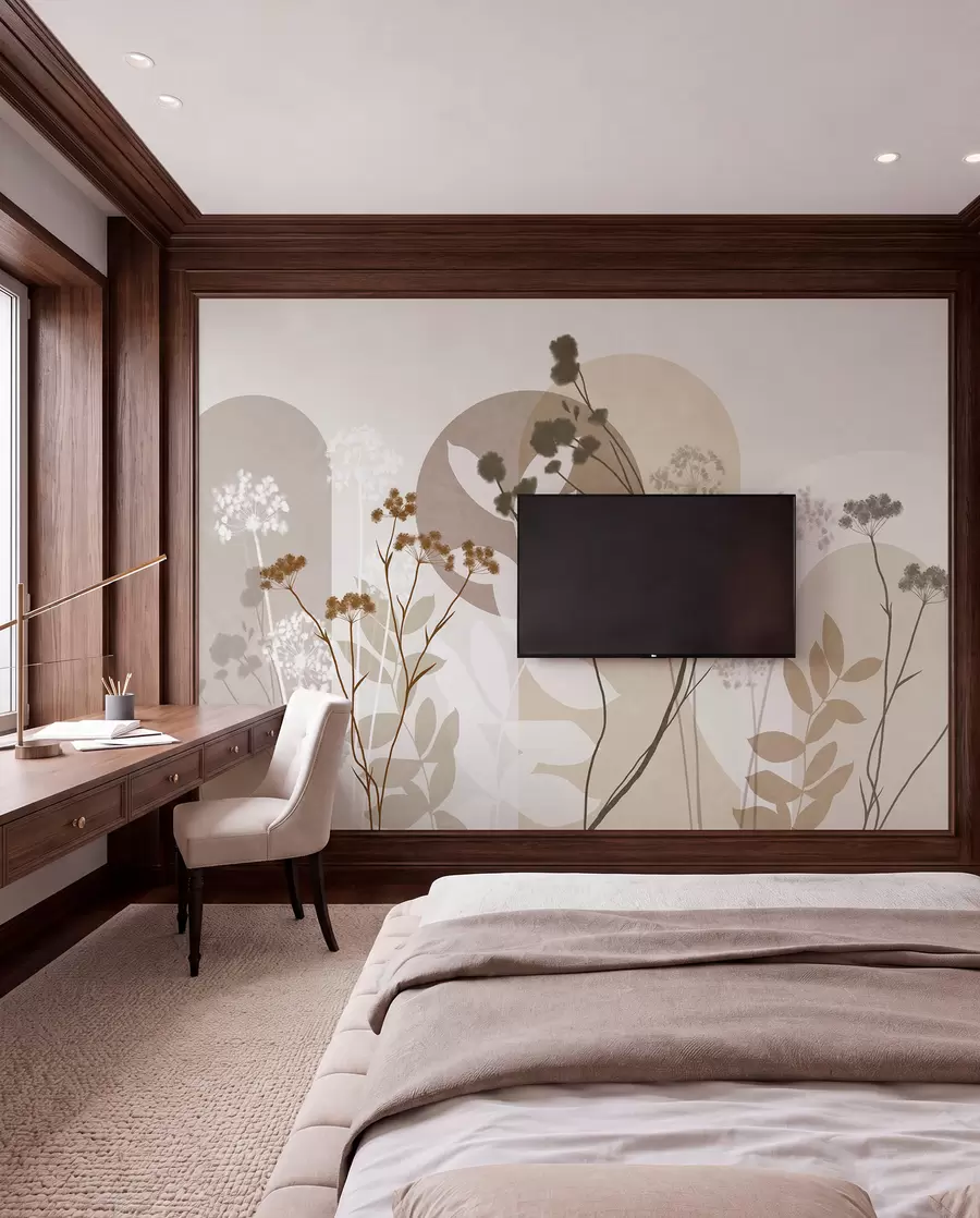 Fototapety Botanická a minimalistická kompozícia zo sušených kvetov a listov s abstraktnými geometrickými tvarmi w09906
