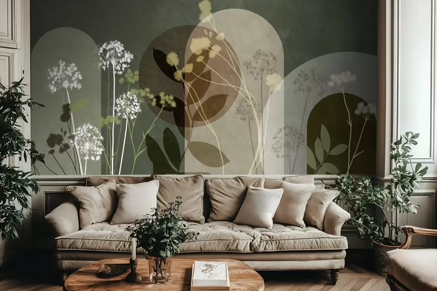 Fototapety Botanická a minimalistická kompozícia zo sušených kvetov a listov s abstraktnými geometrickými prvkami w09906v2