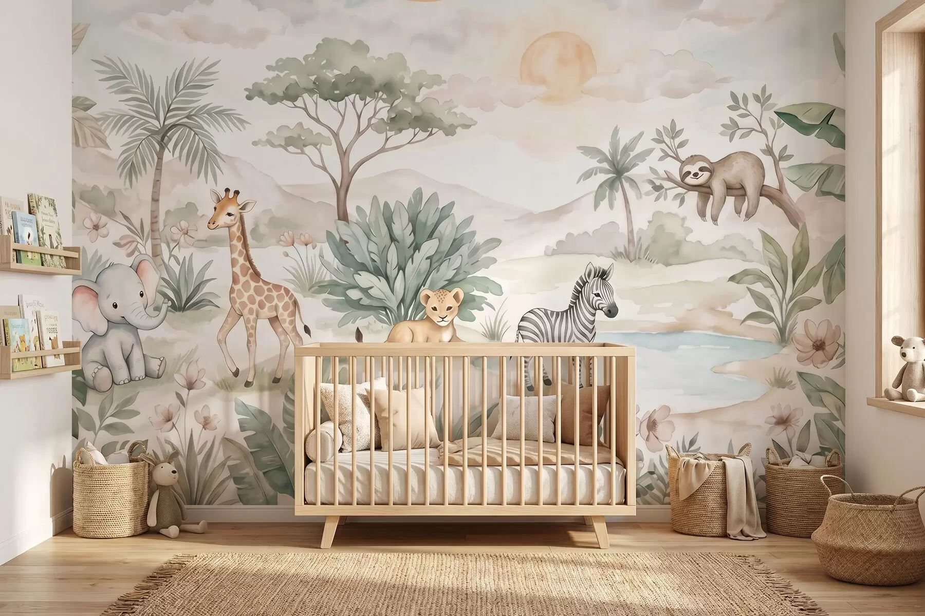 Fototapety Akvarelová scéna zo safari so zvieratami v jemných pastelových odtieňoch, na ktorej je žirafa, sloníča, zebra a levie mláďa w09888