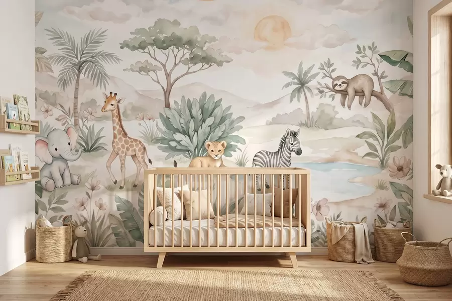 Fototapety Akvarelová scéna zo safari so zvieratami v jemných pastelových odtieňoch, na ktorej je žirafa, sloníča, zebra a levie mláďa w09888