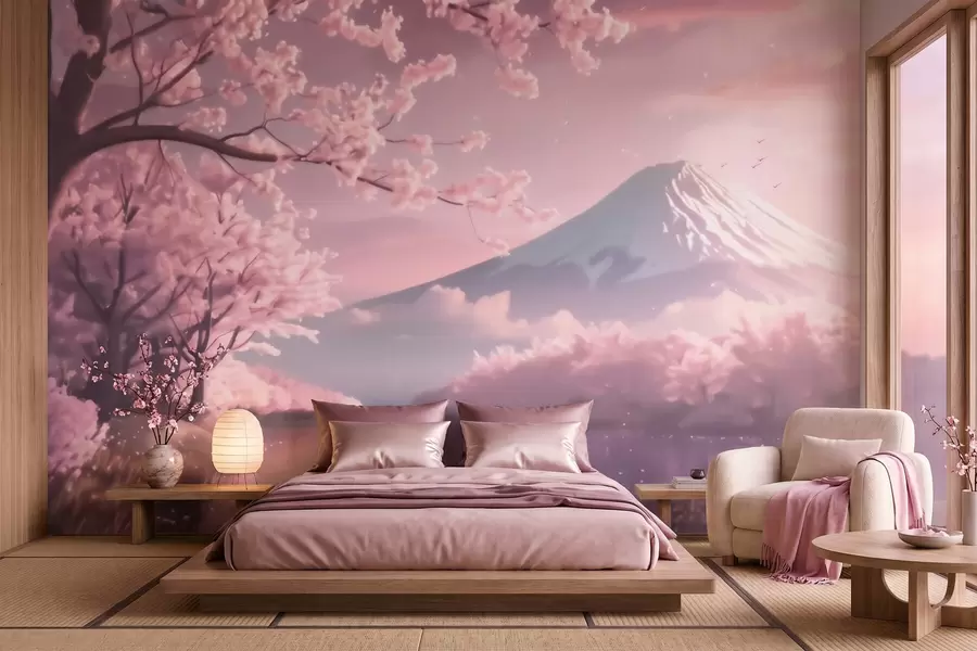 Fototapety Pokojná japonská krajina s kvitnúcimi čerešňami a horským jazerom pri východe slnka w09864