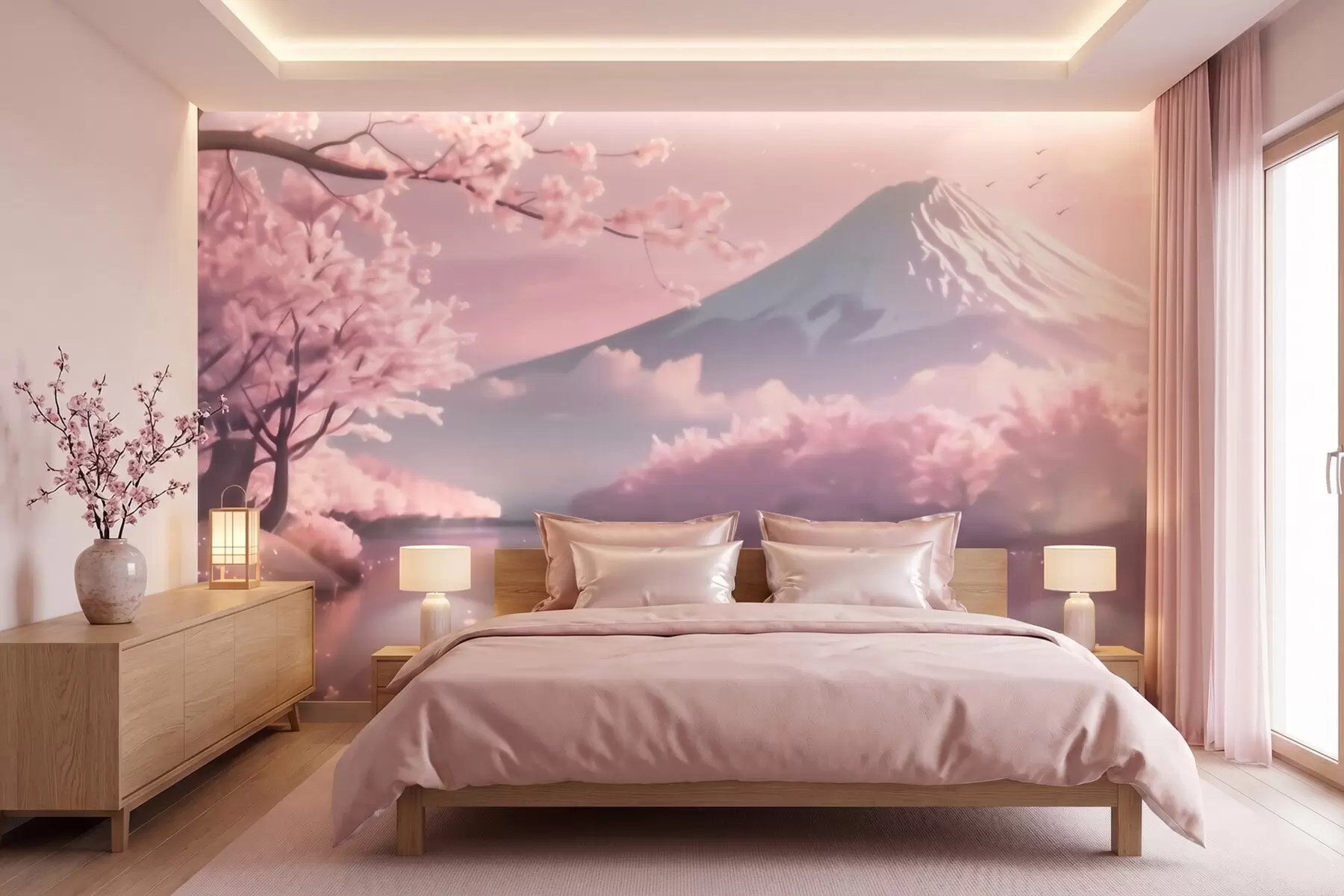 Fototapety Pokojná japonská krajina s kvitnúcimi čerešňami a horským jazerom pri východe slnka w09864