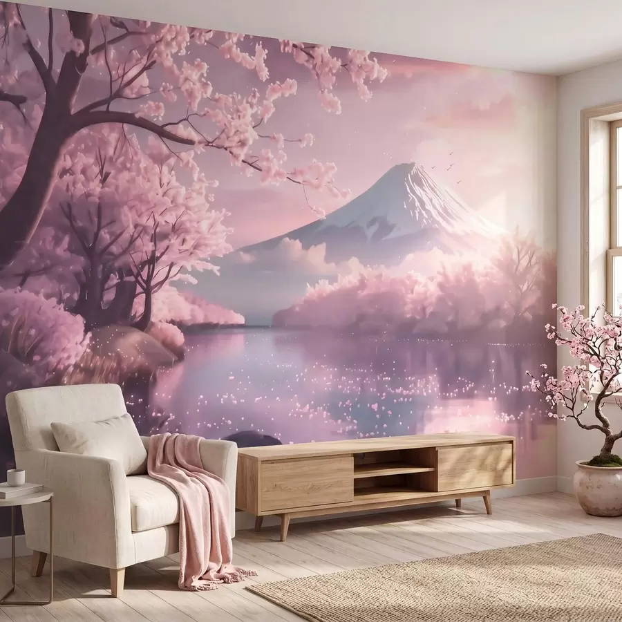 Fototapety Pokojná japonská krajina s kvitnúcimi čerešňami a horským jazerom pri východe slnka w09864