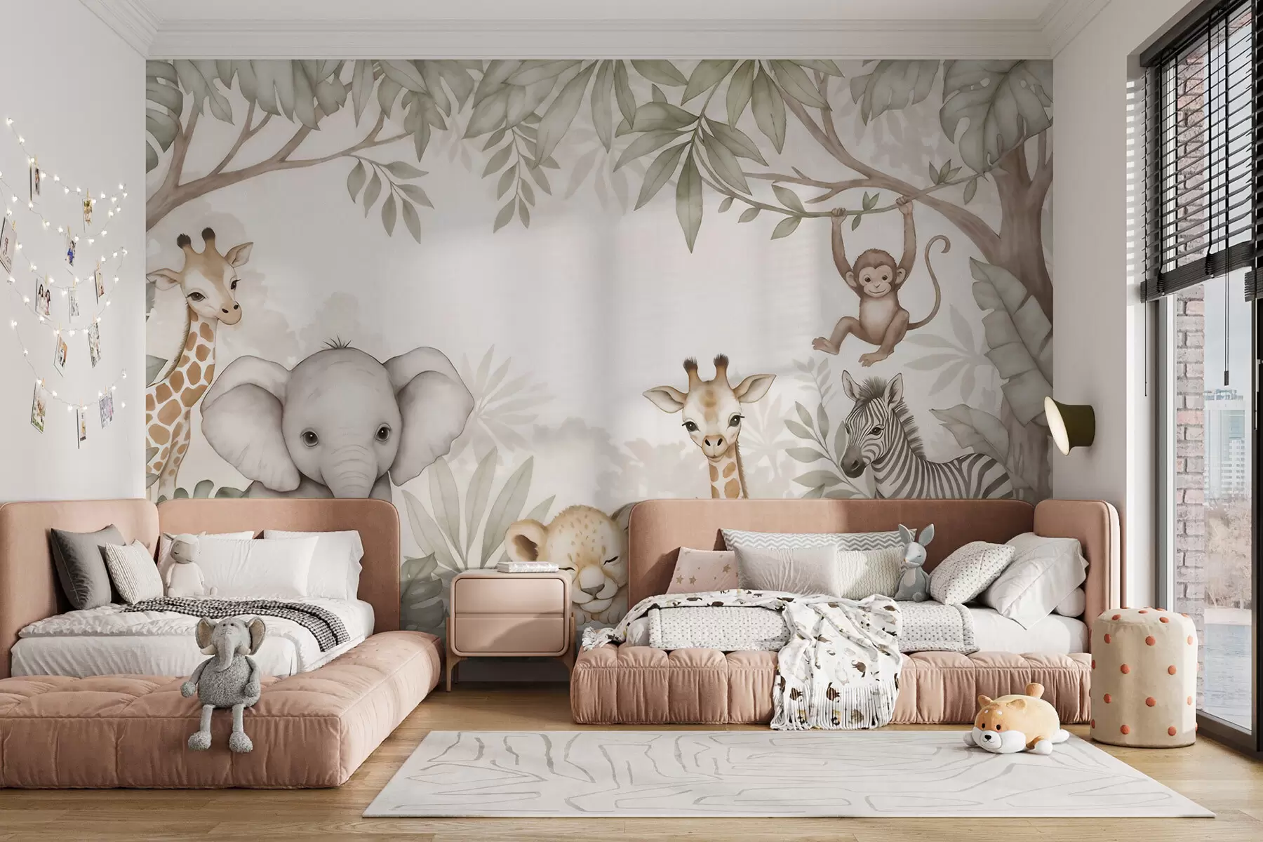Fototapety Roztomilé zvieratká zo safari medzi tropickou zeleňou v akvarelovom štýle w09885