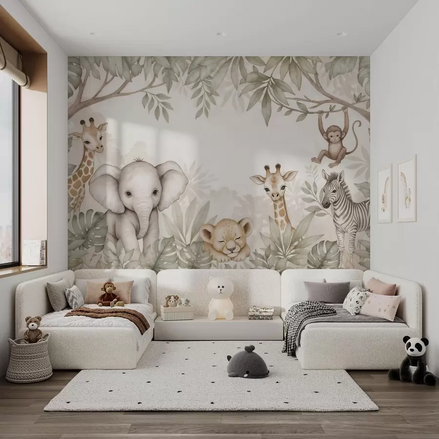 Fototapety Roztomilé zvieratká zo safari medzi tropickou zeleňou v akvarelovom štýle w09885