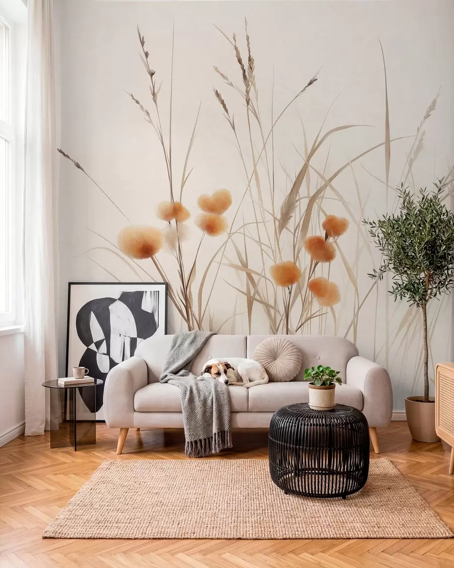 Fototapety Vysoká tráva a drobné oranžové poľné kvety na bledom pozadí, textúrovaný štýl boho w09902