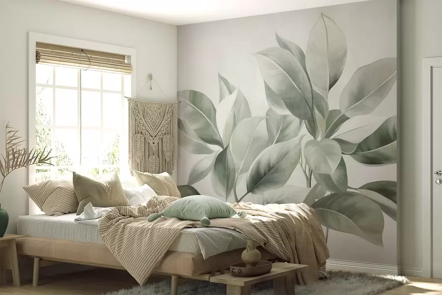 Fototapety Svetlozelené listy na bledom, jemnom pozadí, textúrovaný štýl boho w09909