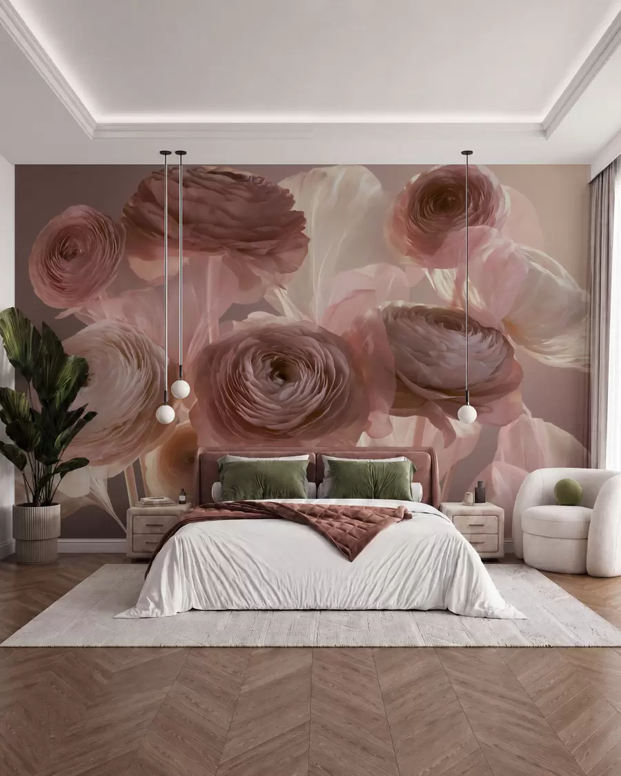 Fototapety Veľké umelecké kvety ranunculus v jemných ružových a krémových odtieňoch w09921