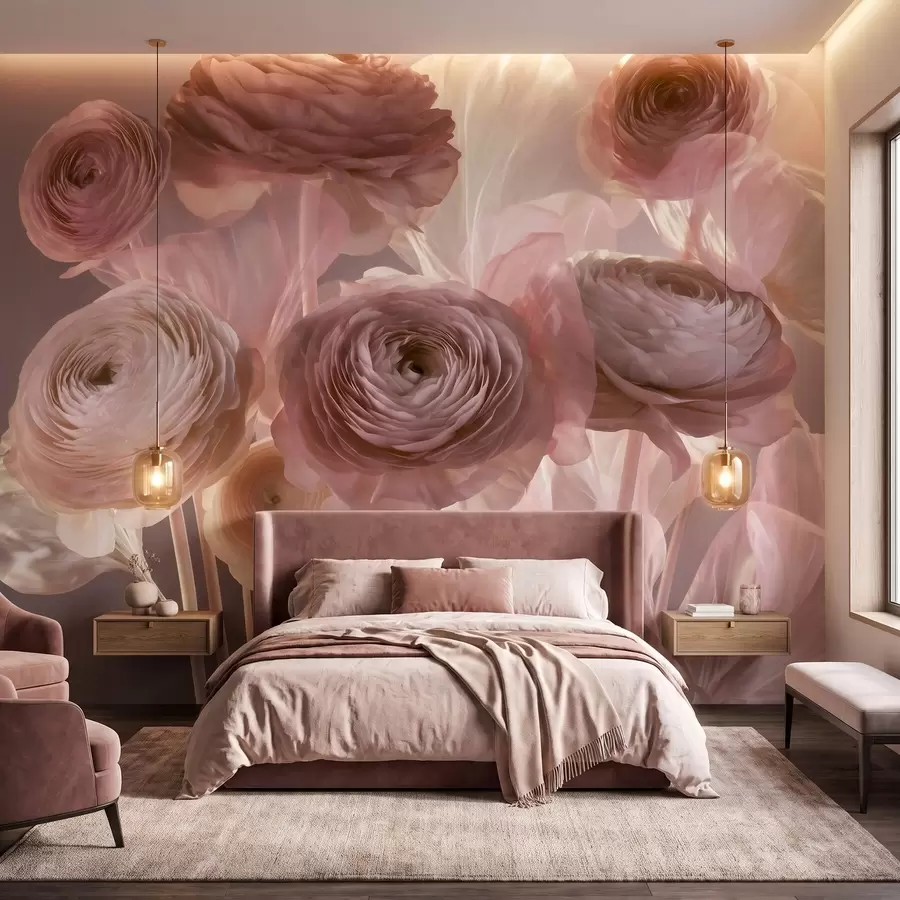 Fototapety Veľké umelecké kvety ranunculus v jemných ružových a krémových odtieňoch w09921