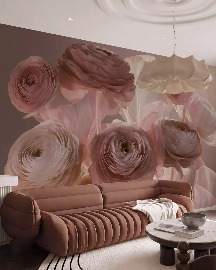 Fototapety Veľké umelecké kvety ranunculus v jemných ružových a krémových odtieňoch w09921