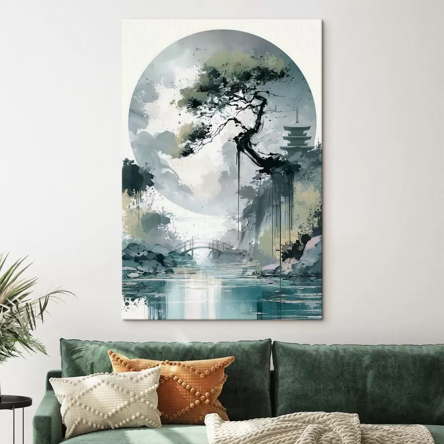 Obraz Japonská krajina v štýle sumi-e, na ktorej je vyobrazená štíhla borovica, most a pagoda na pozadí pokojnej hladiny s49881