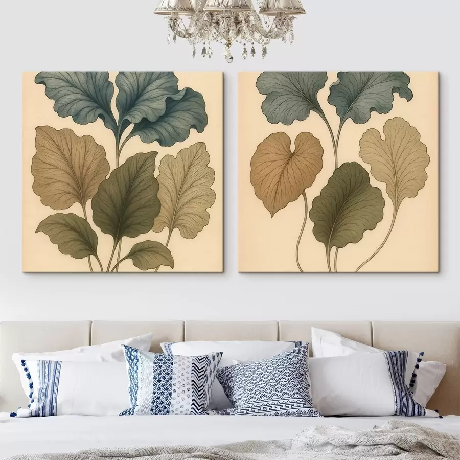 Fototapety Botanický diptych s textúrovanými listami v tlmených odtieňoch v štýle retro ilustrácie m30654