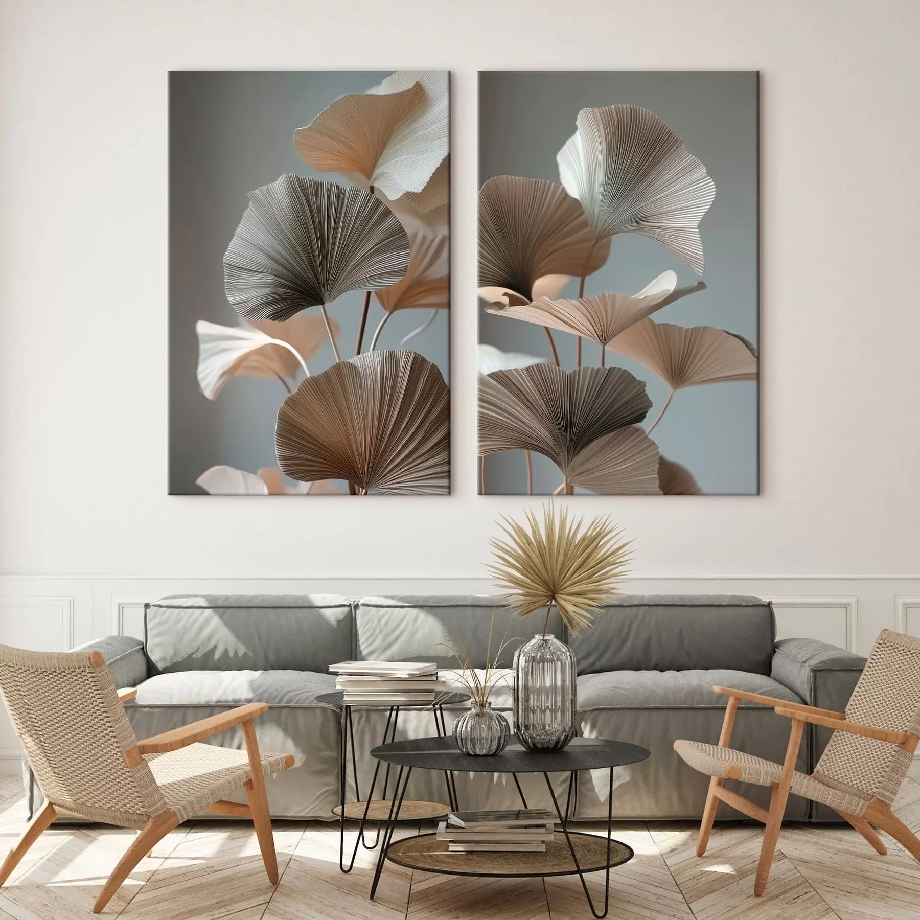 Obraz Diptych s listami v neutrálnych odtieňoch a s reliéfnym efektom m30743
