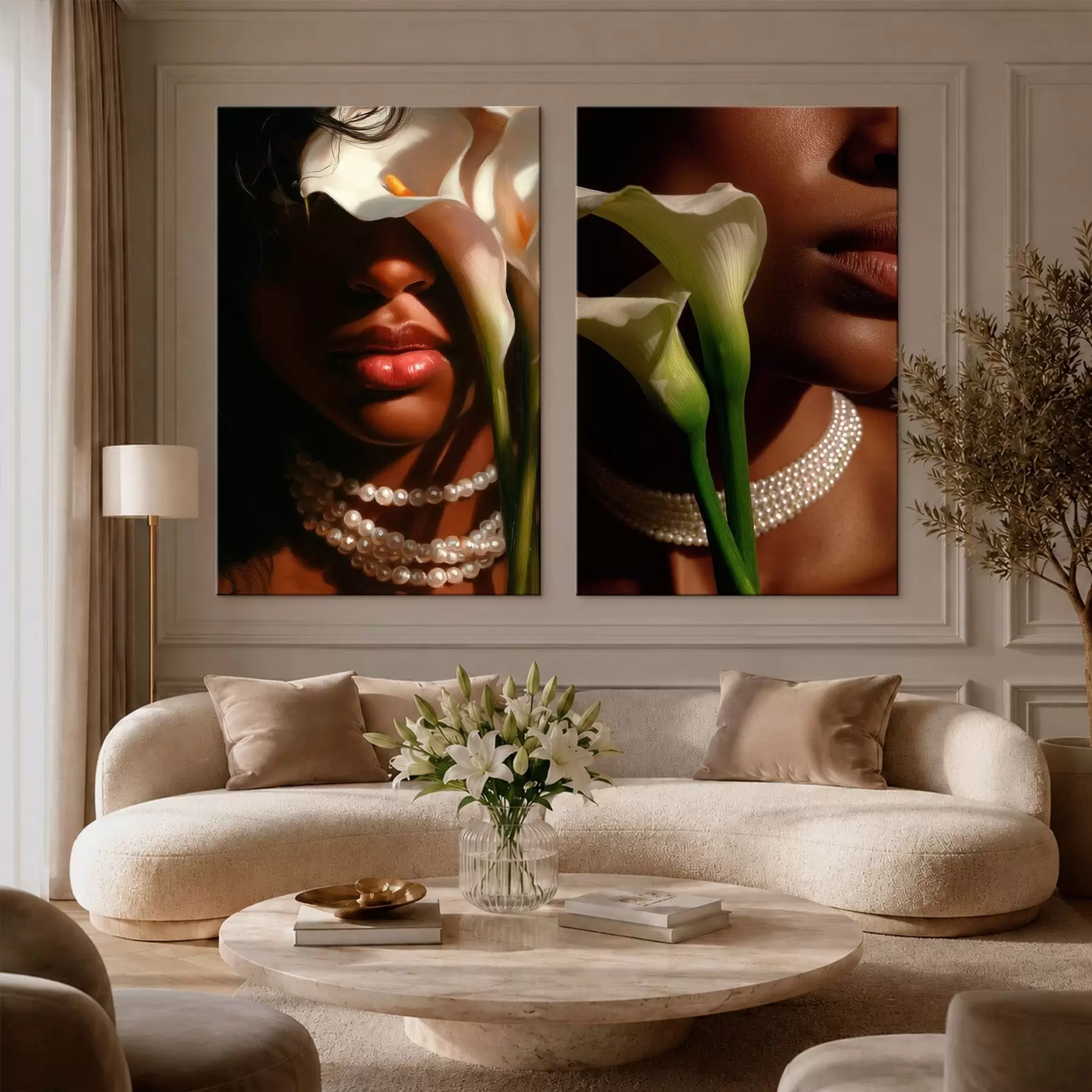 Obraz Diptych s portrétmi a bielymi kallami m30744