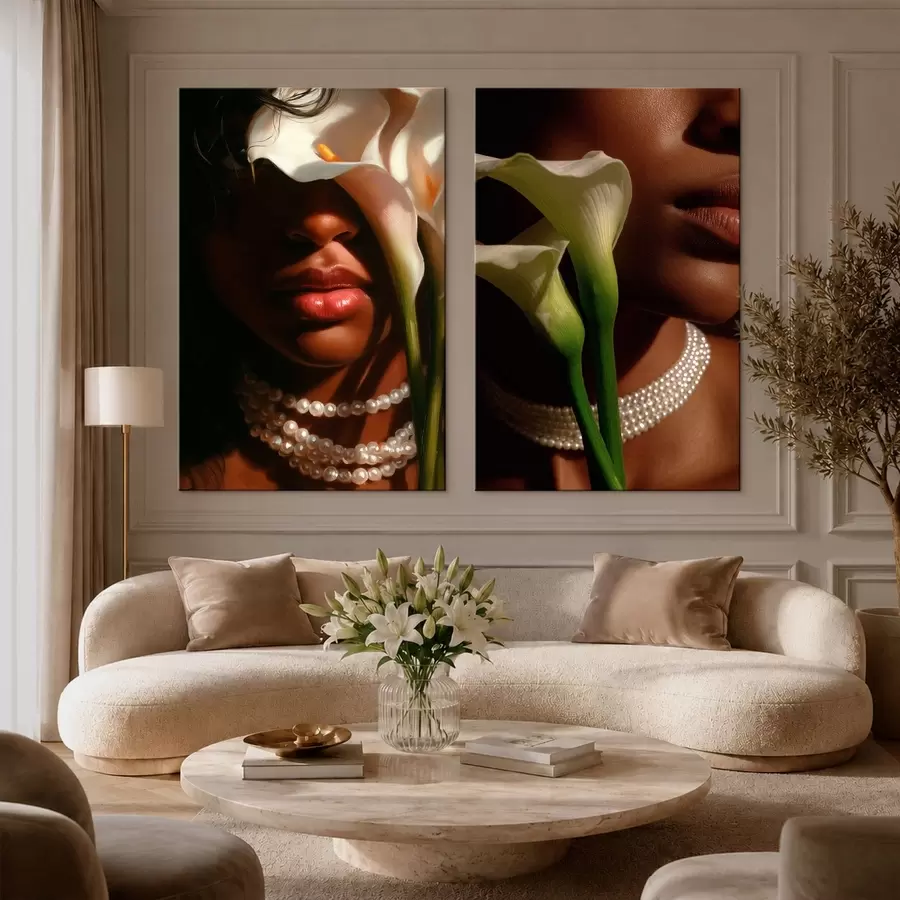 Obraz Diptych s portrétmi a bielymi kallami m30744