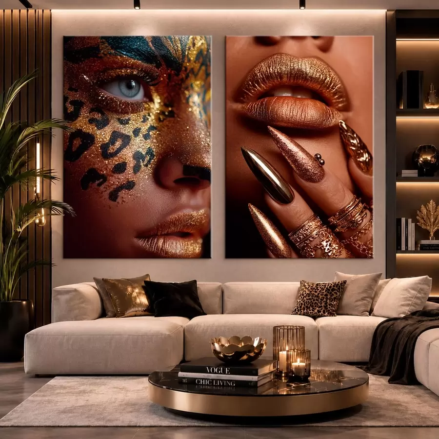Obraz Diptych s metalickým líčením a maľbou na tvár so zvieracím vzorom m30747