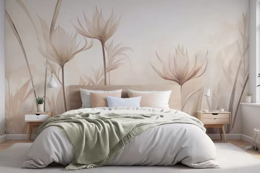 Fototapety Textúrované priehľadné kvety v jemných broskyňových a béžových odtieňoch s dlhými stonkami a zeleňou w10028