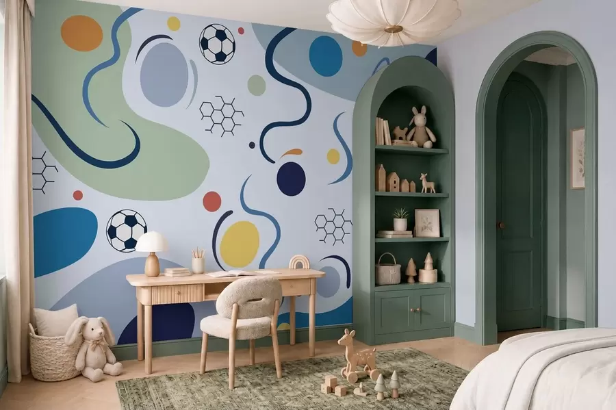 Fototapety Farebné abstraktné tvary, futbalové lopty a čiary w05142v1