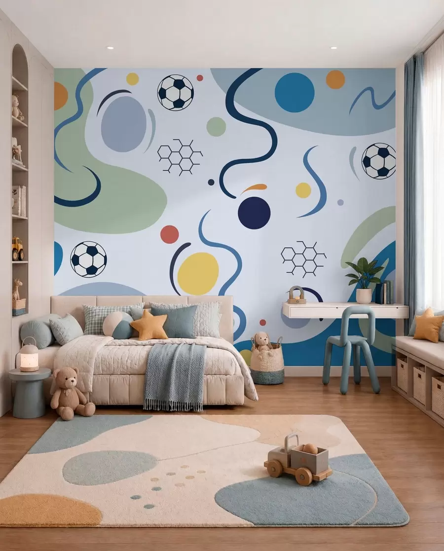 Fototapety Farebné abstraktné tvary, futbalové lopty a čiary w05142v1