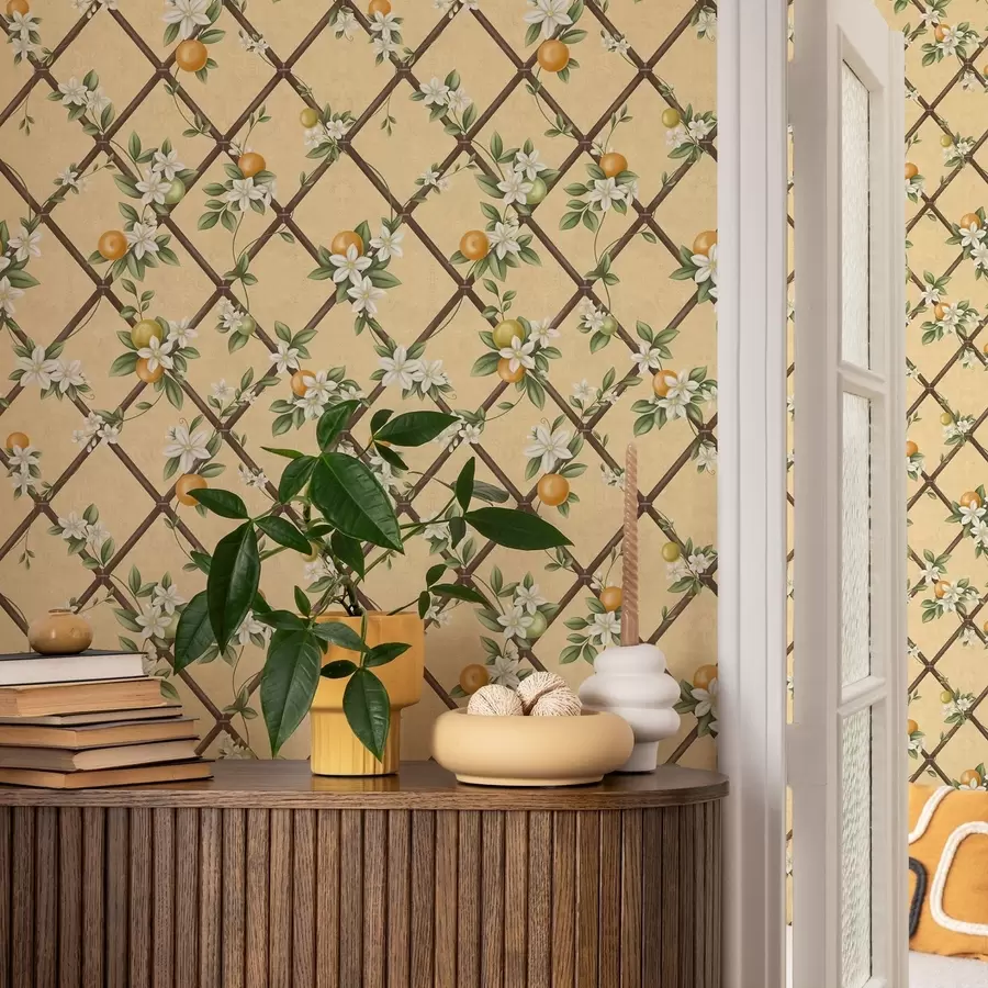 Fototapety Kvety a citrusové plody na smotanovom pozadí s mriežkou a01261v2