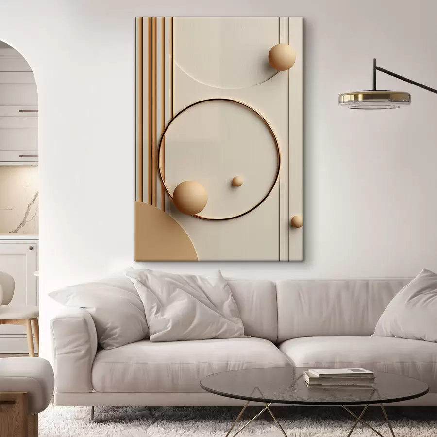 Obraz Abstraktné moderné umenie s guľami a zvislými čiarami, minimalistická kompozícia s50636