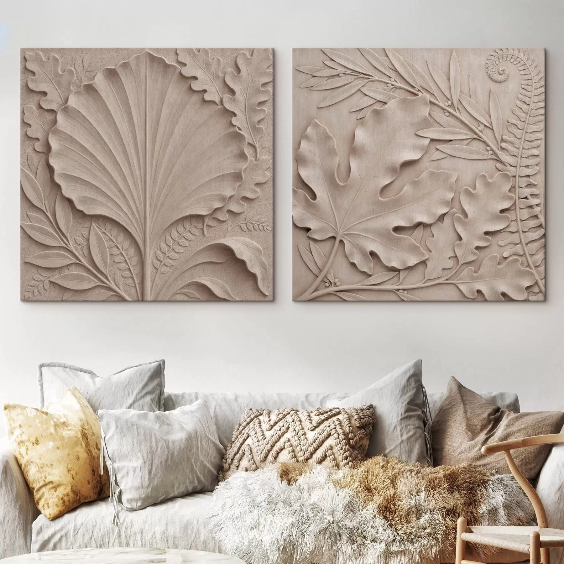 Obraz Prostorový botanický diptych s textúrovanými reliéfnymi listami v béžovo-pieskovej farebnej palete m30762