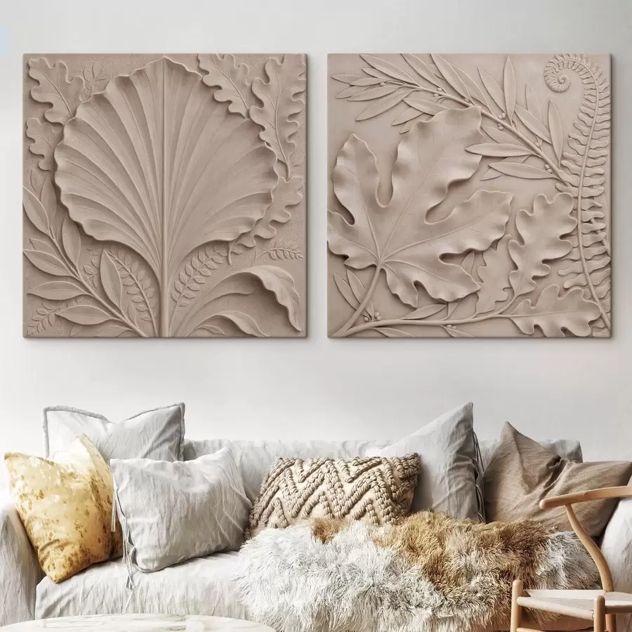 Obraz Prostorový botanický diptych s textúrovanými reliéfnymi listami v béžovo-pieskovej farebnej palete m30762