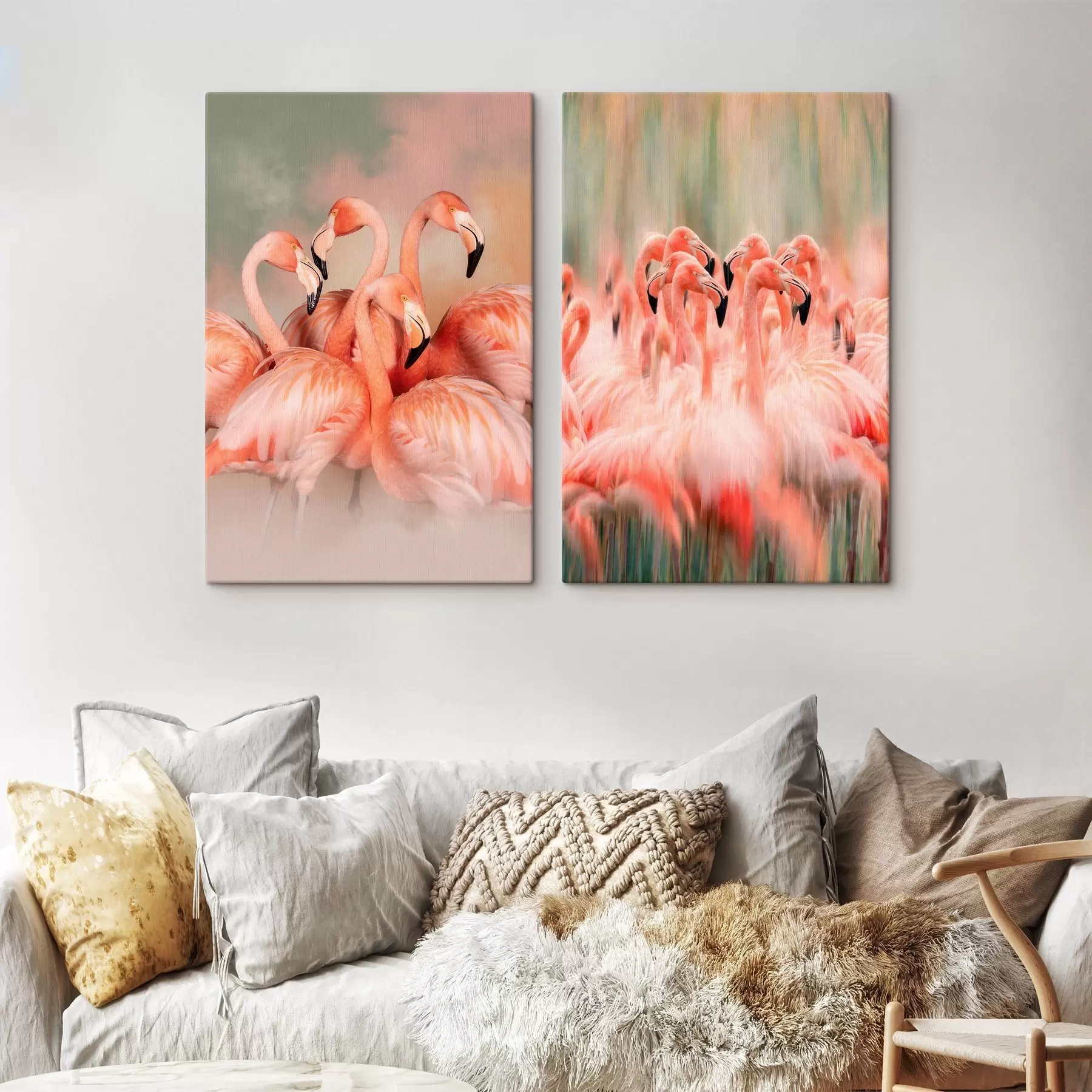 Obraz Umelecký diptych s ružovými plameniakmi v pastelových odtieňoch s rozmazaným a zamlženým efektom m30763