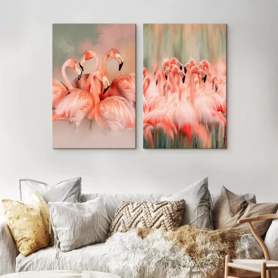 Obraz Umelecký diptych s ružovými plameniakmi v pastelových odtieňoch s rozmazaným a zamlženým efektom m30763