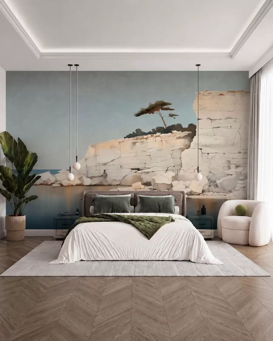 Fototapety Svetlé útesy pri pokojnom mori s osamelým stromom w05922