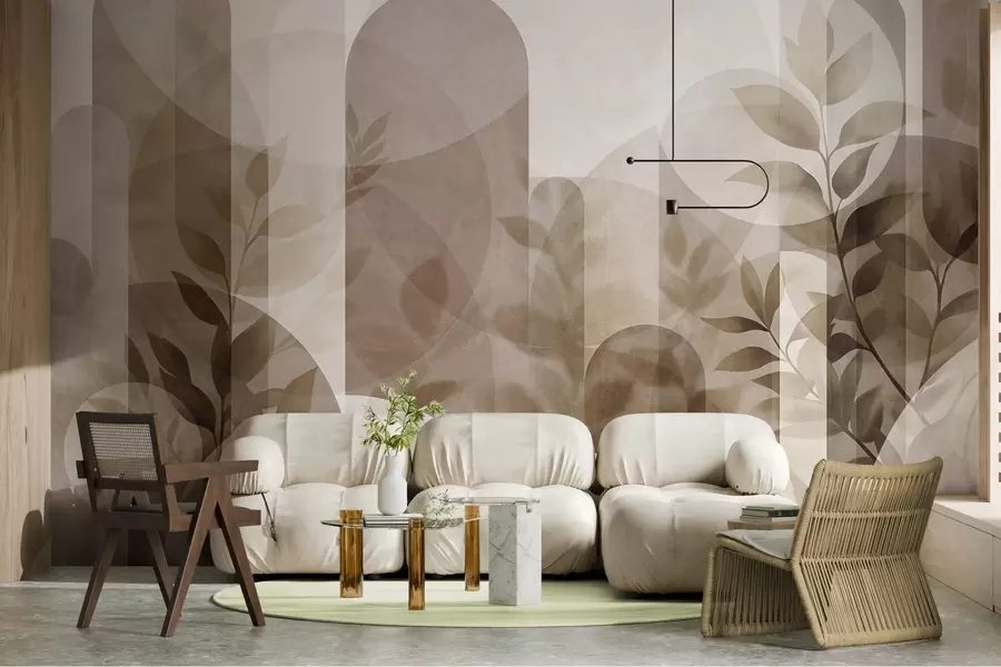 Fototapety Abstraktné geometrické prvky a jemné lístky v tlmených odtieňoch hnedej a béžovej w10088
