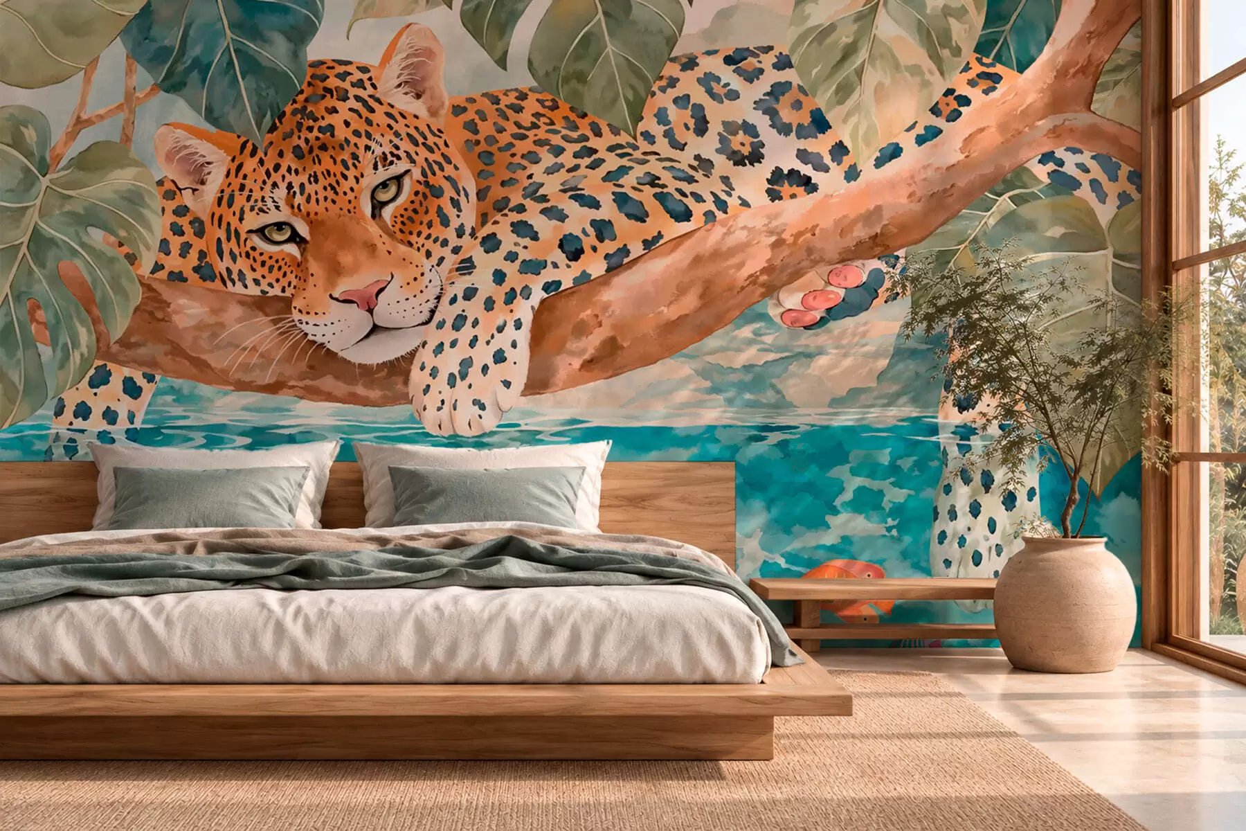 Fototapety Leopard na konári nad vodou s farebnými rybami w05954