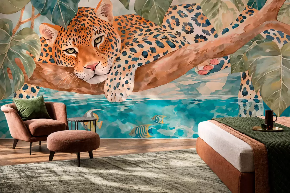 Fototapety Leopard nad modrou vodou w05954