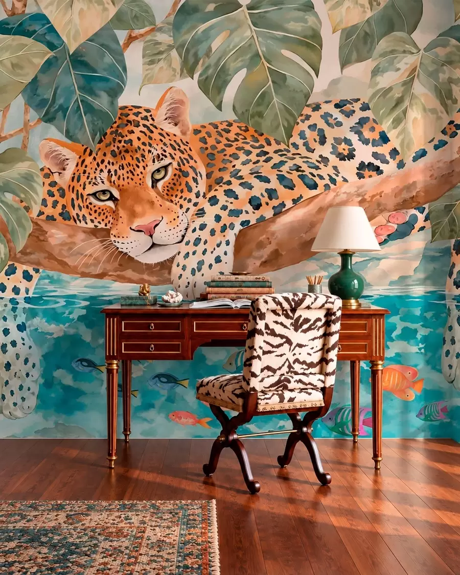 Fototapety Leopard nad modrou vodou w05954