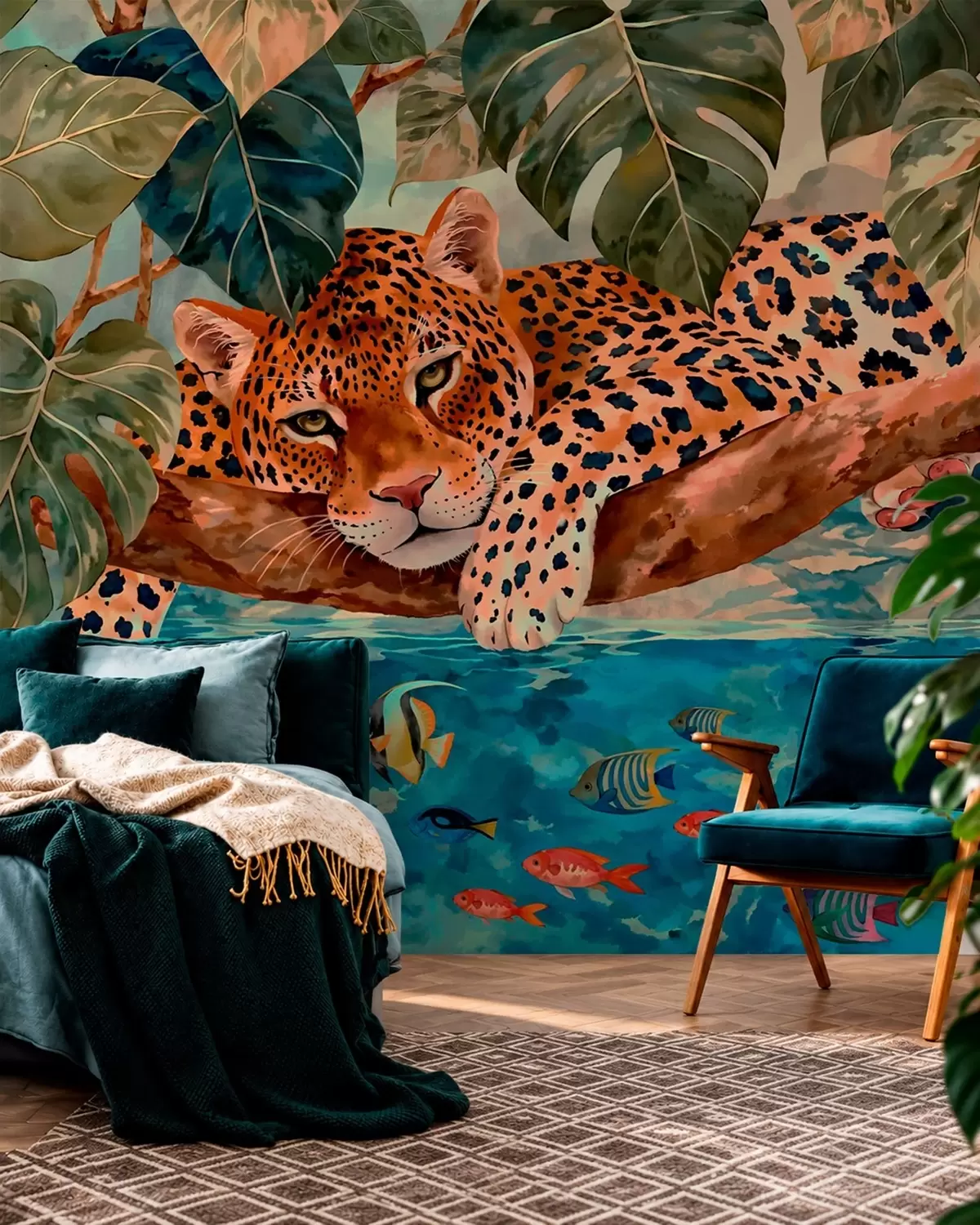 Fototapety Leopard medzi tropickými listami nad vodou s rybou w05954v1