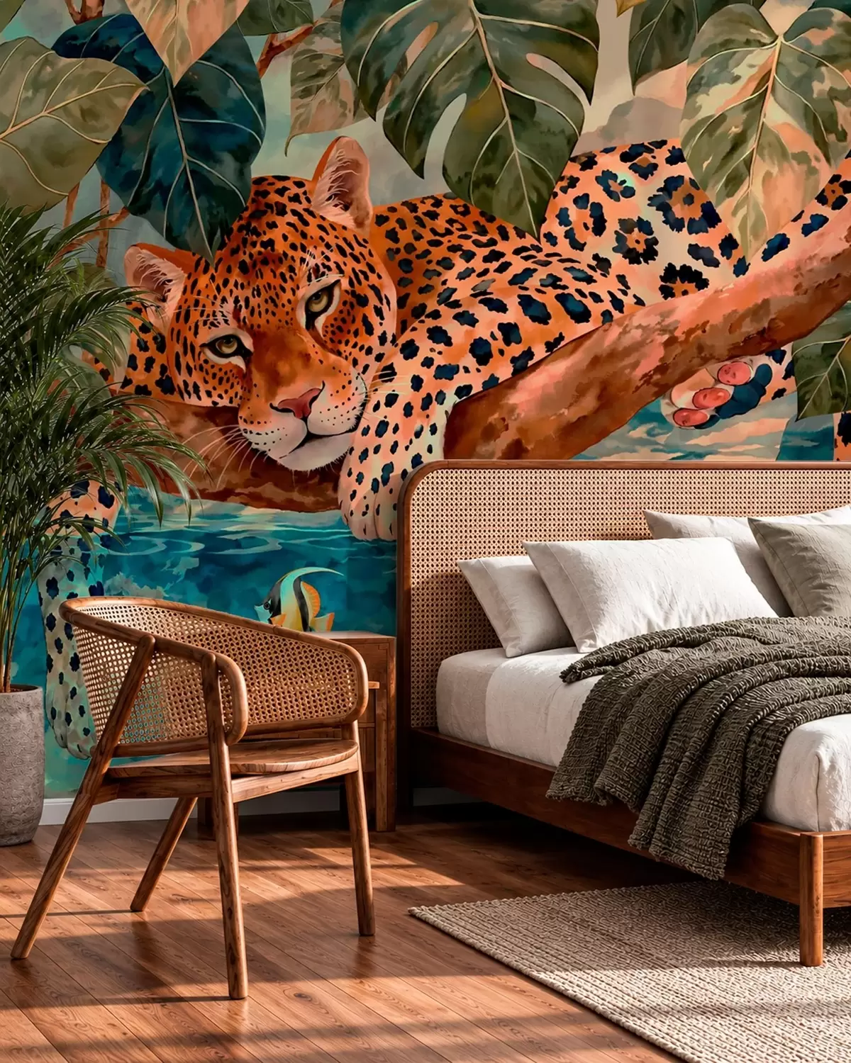 Fototapety Leopard medzi tropickými listami nad vodou s rybou w05954v1