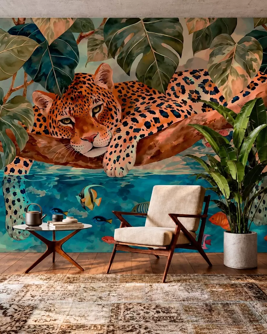 Fototapety Leopard medzi tropickými listami nad vodou s rybou w05954v1