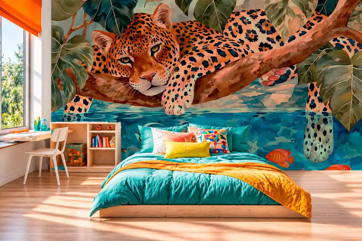 Fototapety Leopard medzi tropickými listami nad vodou s rybou w05954v1