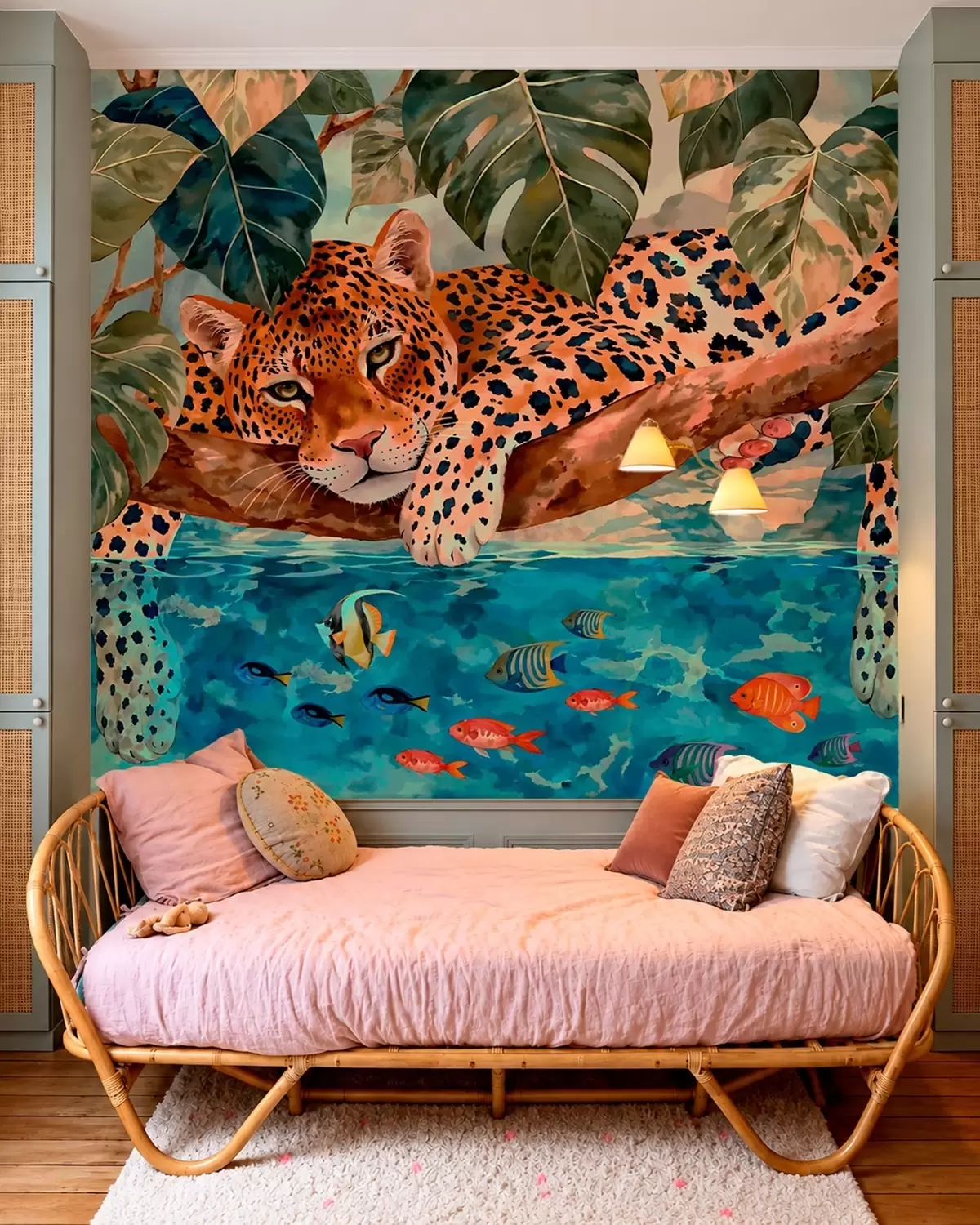 Fototapety Leopard medzi tropickými listami nad vodou s rybou w05954v1
