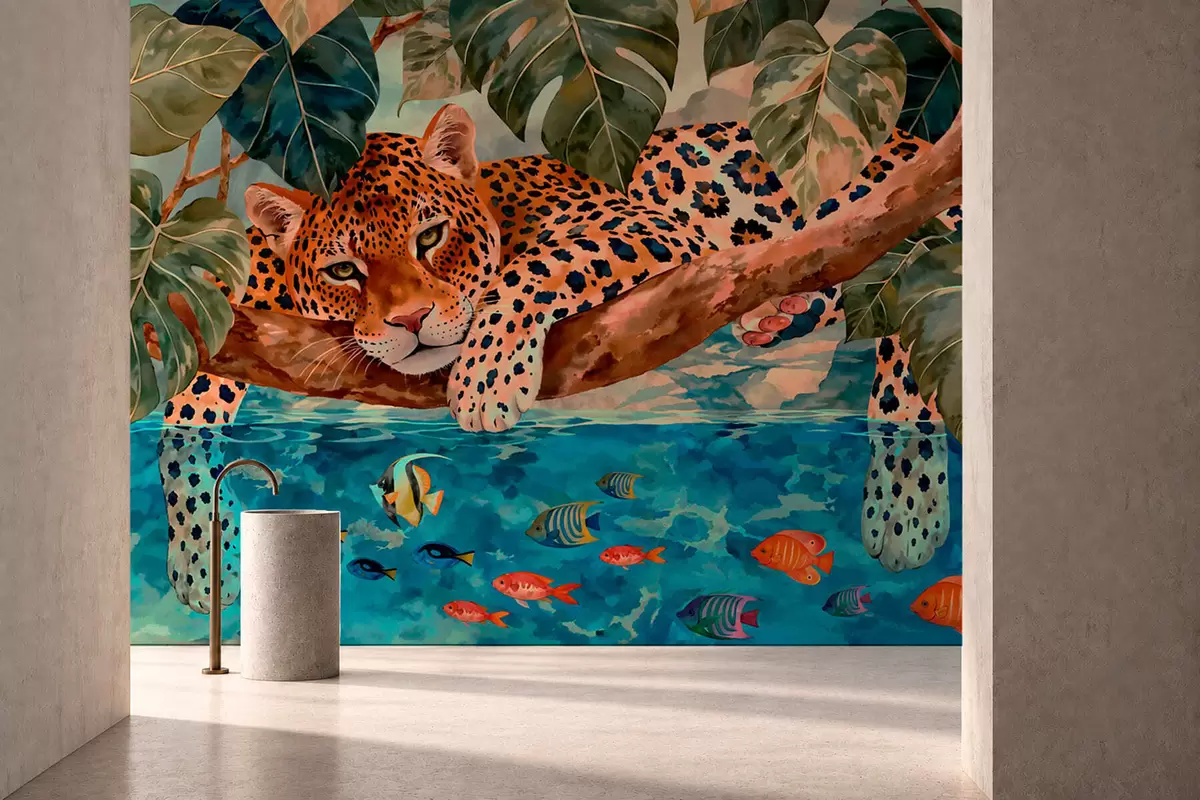 Fototapety Leopard medzi tropickými listami nad vodou s rybou w05954v1