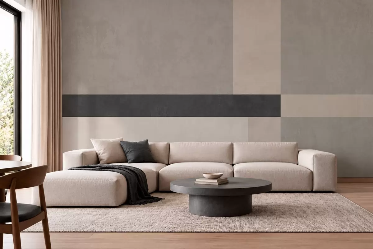 Fototapety Abstraktná geometria s béžovými a sivými blokmi a tmavým pruhom w05891