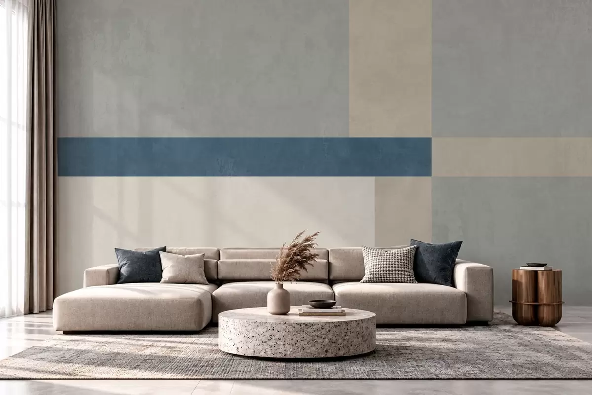 Fototapety Geometrické bloky v odtieňoch šedej a béžovej s modrým pruhom w05891v1