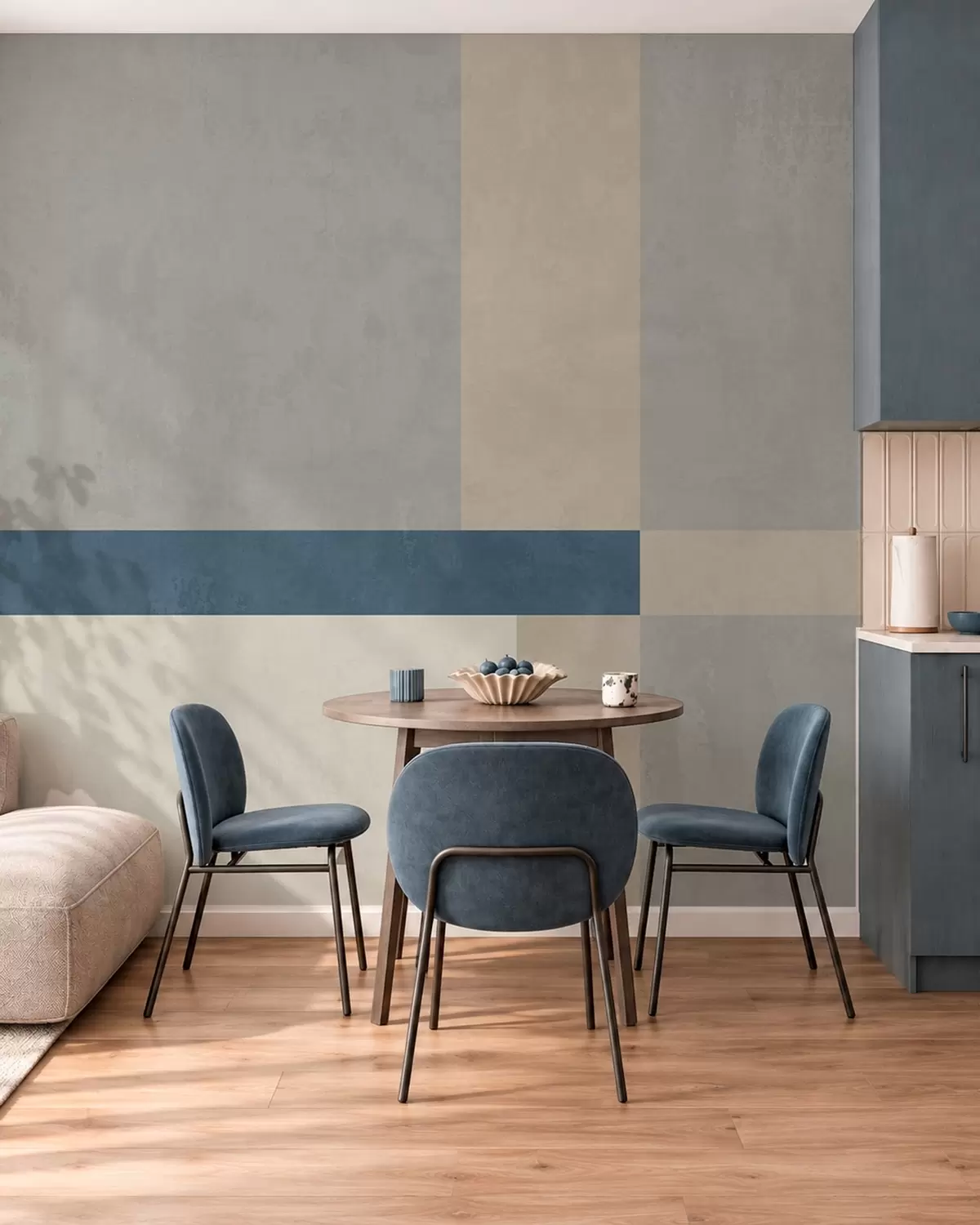 Fototapety Geometrické bloky v odtieňoch šedej a béžovej s modrým pruhom w05891v1