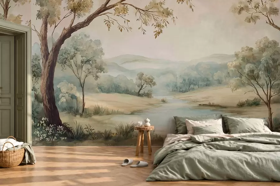 Fototapety Jemná krajina so stromami, jazerom a vzdialenými kopcami w05957