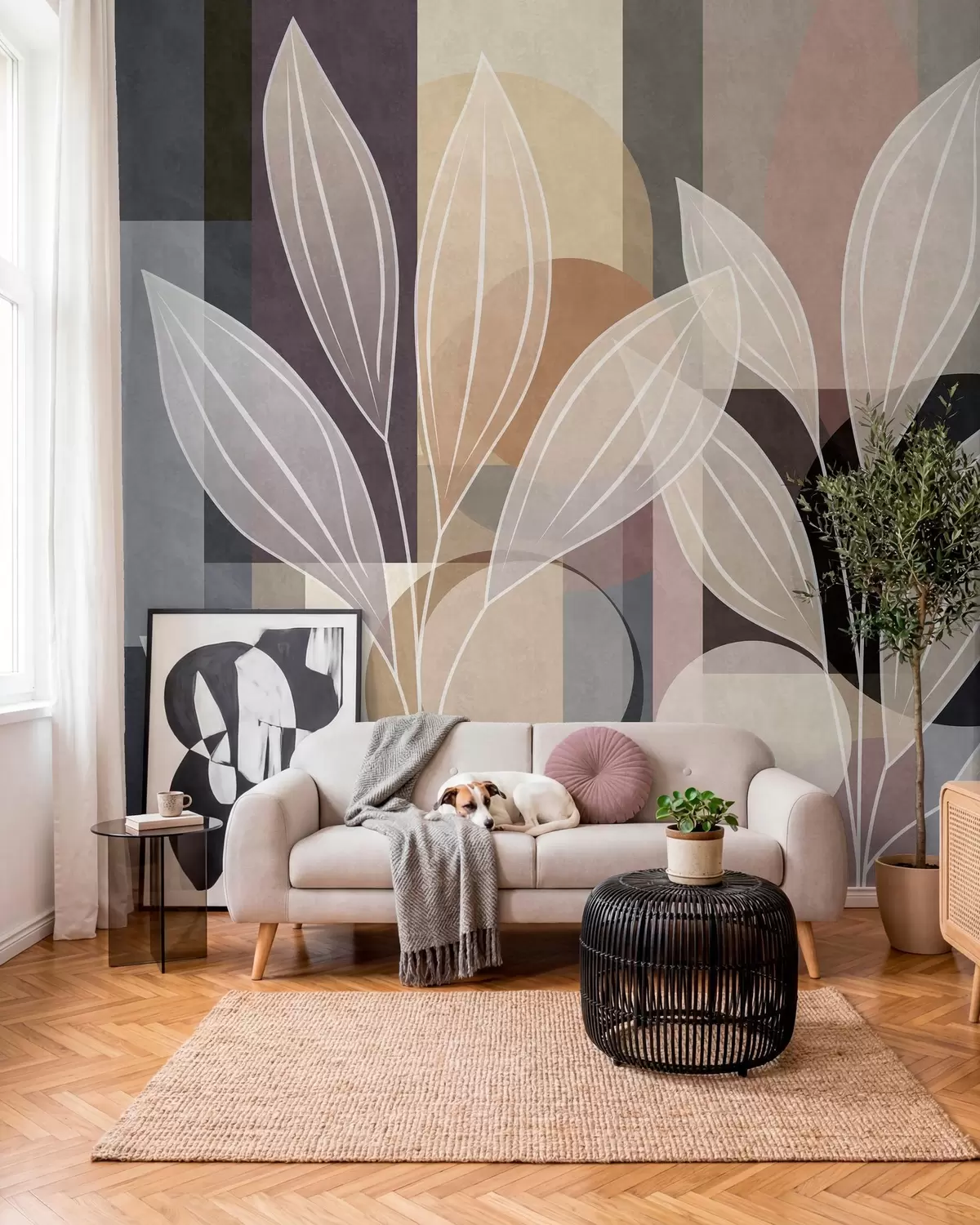 Fototapety štýlizované listy na geometrickom pozadí v odtieňoch béžovej a tmavých farieb w05987