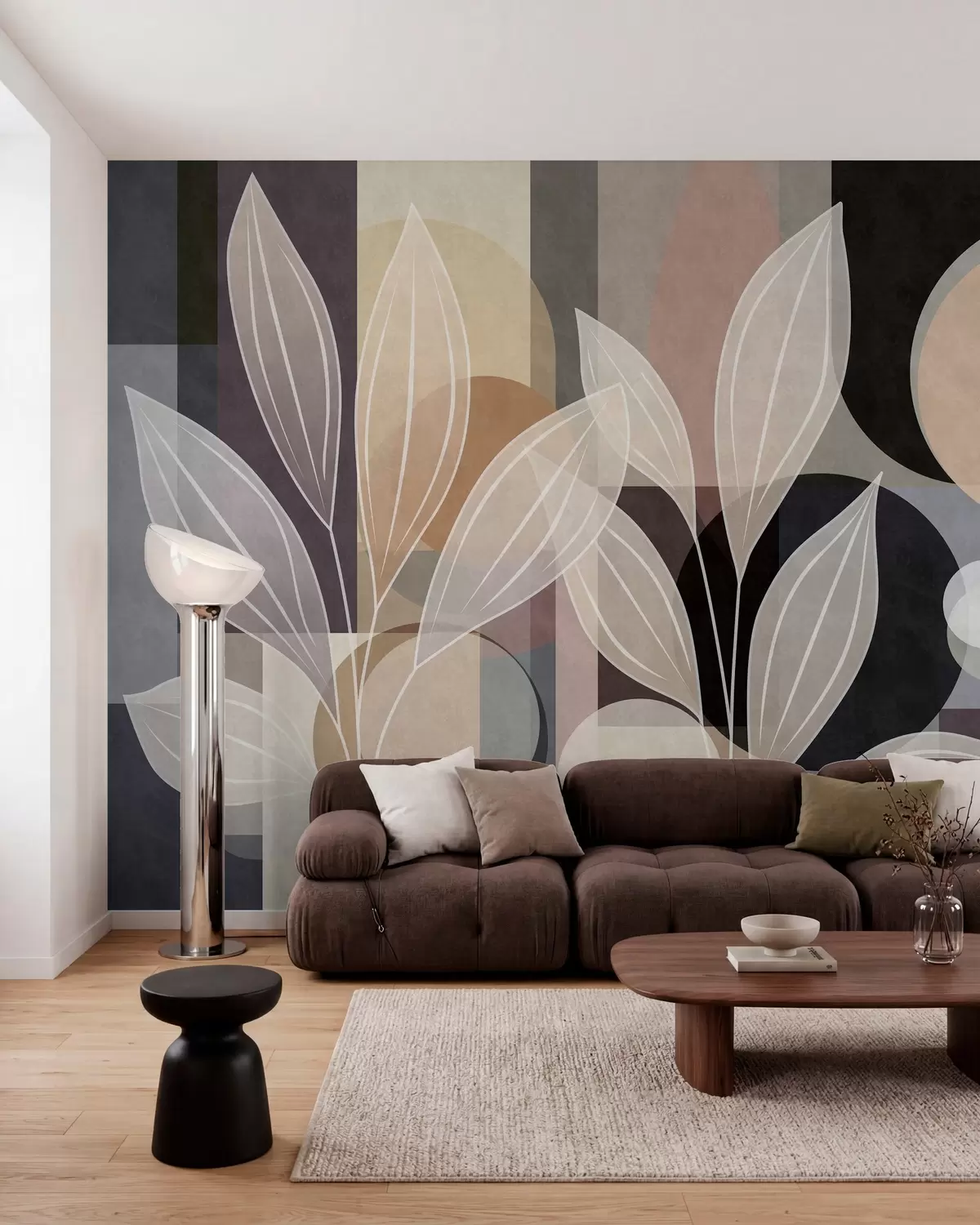 Fototapety štýlizované listy na geometrickom pozadí v odtieňoch béžovej a tmavých farieb w05987