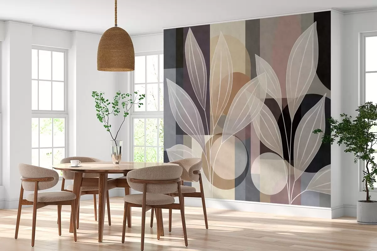 Fototapety štýlizované listy na geometrickom pozadí v odtieňoch béžovej a tmavých farieb w05987
