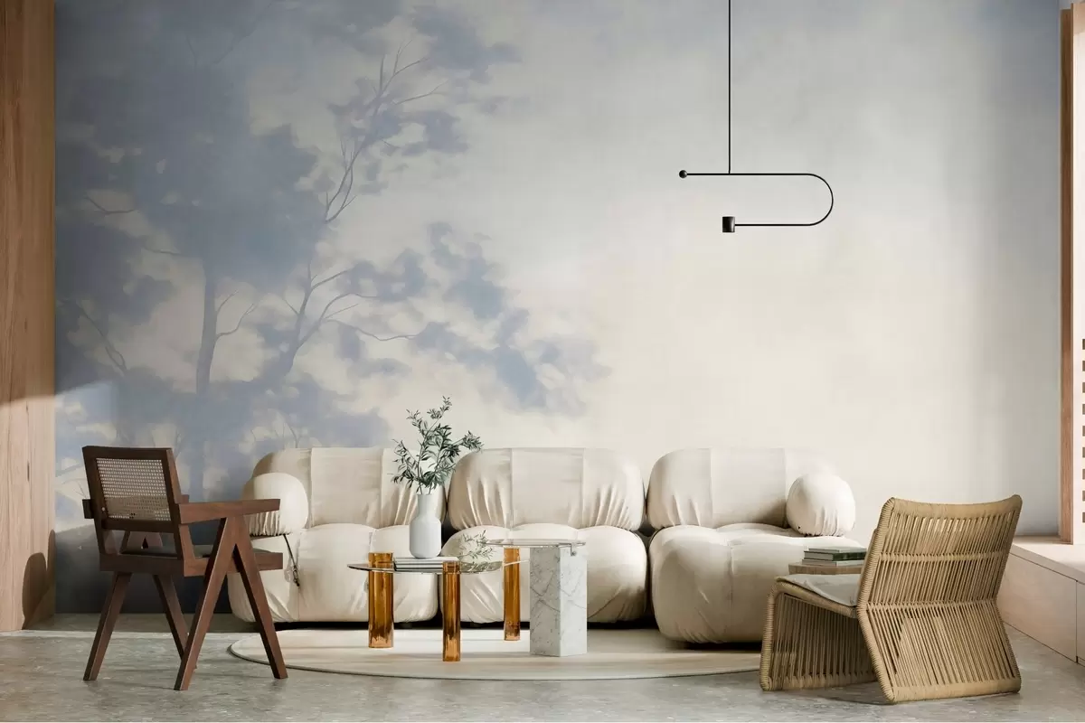 Fototapety Textúrovaný strom s konármi, bledo krémové a svetlo modré pozadie, minimalistické umenie w10108